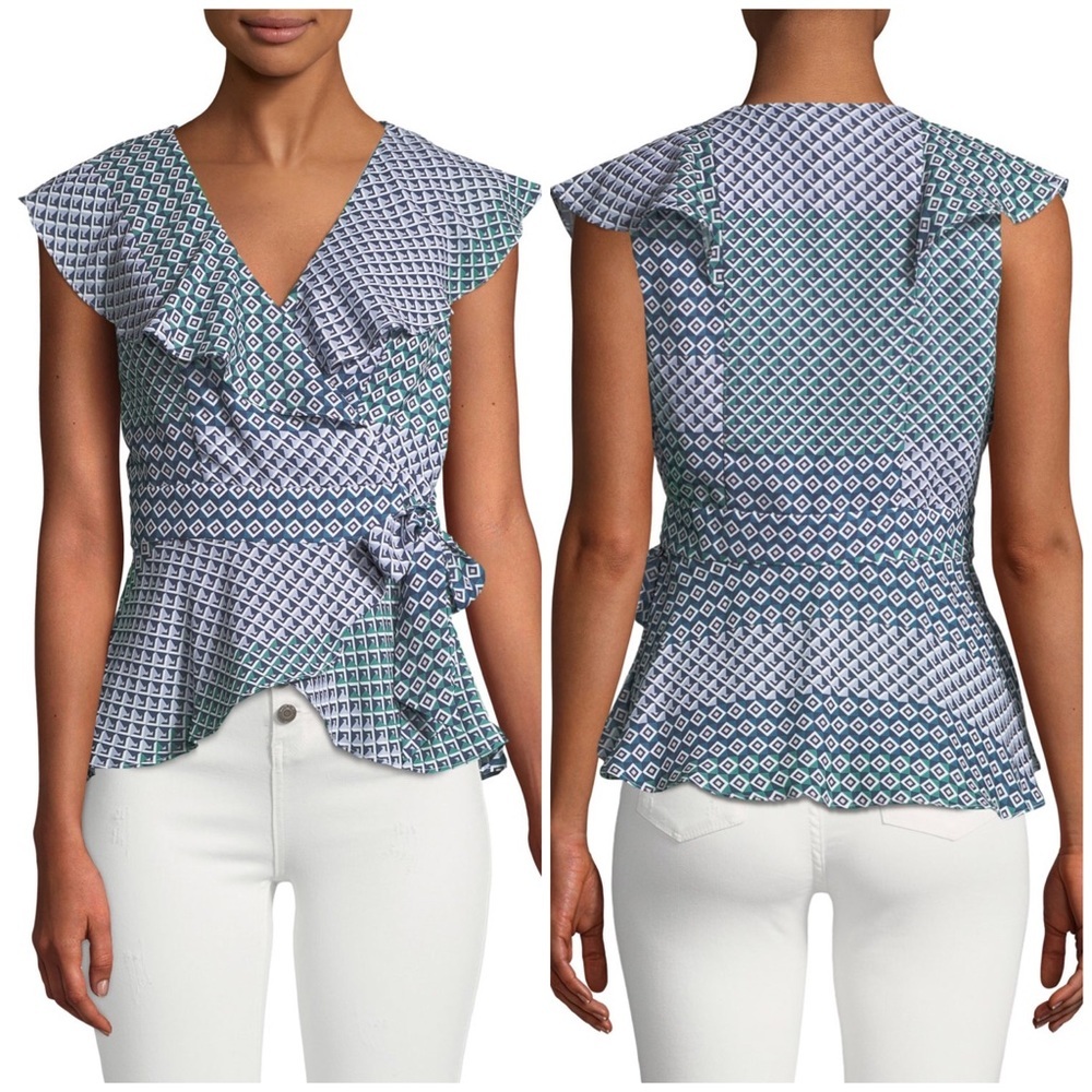 Parker Geometric Wrap Blouse tank XS green blue